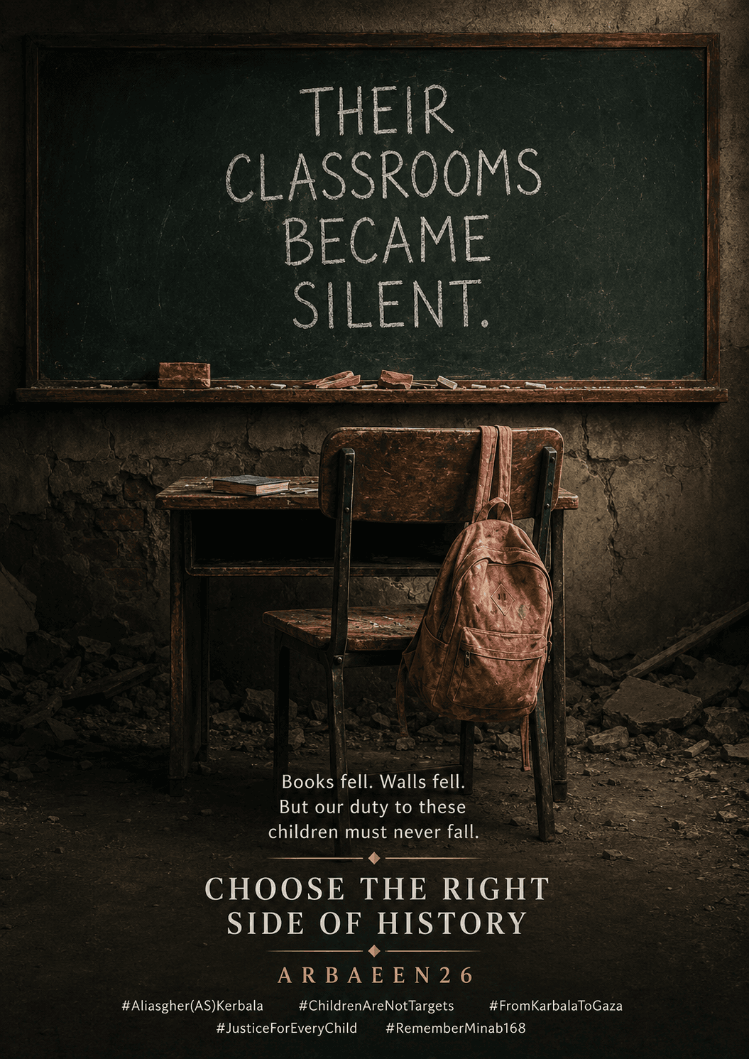Artwork showing an empty damaged classroom